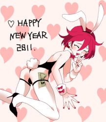 Rule 34 | 10s, 1boy, 2011, animal ears, blush, child, crossdressing, english text, closed eyes, fake animal ears, high heels, inazuma eleven, inazuma eleven (series), kiyama hiroto, leotard, lowres, male focus, money, nail polish, new year, open mouth, playboy bunny, rabbit ears, rabbit tail, red hair, shoes, short hair, smile, solo, tail, thighhighs, trap, v, white thighhighs