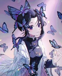 Rule 34 | 1girl, black shirt, blush, bug, butterfly, butterfly hair ornament, buttons, chinese commentary, closed mouth, commentary request, eyelashes, guoshixing, hair ornament, highres, insect, jacket, kimetsu no yaiba, kochou shinobu, lips, long sleeves, looking at viewer, open clothes, open jacket, purple butterfly, purple eyes, purple hair, shirt, short hair, sidelocks, smile, solo, upper body, white jacket