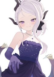 Rule 34 | 1girl, black horns, black wings, blue archive, blush, closed mouth, demon horns, demon wings, dress, elbow gloves, gloves, grey hair, highres, hina (blue archive), hina (dress) (blue archive), horns, jewelry, kiina (mrnsor), long hair, looking at viewer, multiple horns, necklace, pendant, purple dress, purple eyes, purple gloves, simple background, smile, solo, strapless, strapless dress, white background, wings