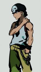 Rule 34 | 1boy, beanie, bitou daisukenojou, blonde hair, blue eyes, cargo pants, chain necklace, closed mouth, frown, hat, highres, jewelry, male focus, necklace, pants, shirt, skull necklace, skull print, sleeveless, sleeveless shirt, solo, solo focus, subarashiki kono sekai, tank top, white shirt, wristband