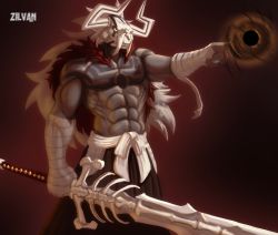 Rule 34 | 1boy, abs, bandages, black sclera, bleach, bone sword, cape, cero, colored sclera, fangs, furry, furry male, hole, hollow (bleach), horns, japanese clothes, kimono, long hair, male focus, muscular, muscular arms, muscular male, no shirt, original, pectorals, pointing, serious, skull, solo, sword, tattoo, threatening, vasto lorde, weapon, white hair, yellow eyes