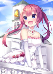 Rule 34 | 1girl, :d, azur lane, bad id, bad pixiv id, blue eyes, breasts, church, church bell, cleavage, collarbone, commentary request, dress, elbow gloves, gloves, highres, long hair, looking at viewer, off-shoulder dress, off shoulder, open mouth, red hair, san diego (azur lane), smile, solo, tsuruse, twintails, wedding dress, white dress, white gloves, wind