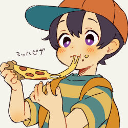 Rule 34 | 1boy, backpack, bag, baseball cap, black hair, blush, bright pupils, brown bag, cheese trail, closed mouth, food, food on face, hair between eyes, hat, holding, holding food, holding pizza, male focus, mother (game), mother 2, ness (mother 2), nintendo, pizza, purple eyes, shifumame, shirt, short hair, sideways hat, simple background, solo, striped clothes, striped shirt, translation request, white background, white pupils