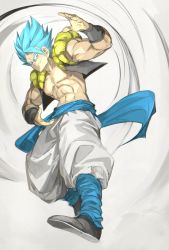Rule 34 | 1boy, abs, bara, blue eyes, blue hair, clothes lift, dragon ball, dragon ball super, dragon ball super broly, fighting stance, fingernails, frown, full body, glowing, glowing hair, gogeta, grin, highres, large pectorals, looking at viewer, looking away, male focus, metamoran vest, nipples, no pupils, open mouth, outstretched arms, pants, pectorals, shoes, short hair, simple background, smile, solo, spiked hair, super saiyan, super saiyan blue, topless male, waistcoat, white background, white pants, wristband, yunar