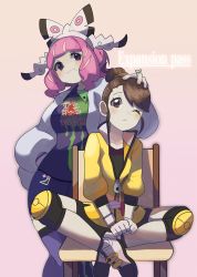 Rule 34 | 2girls, blush, breasts, brown eyes, brown hair, closed mouth, coat, collared shirt, commentary request, creatures (company), dynamax band, eyelashes, fur coat, game freak, gloria (pokemon), hairband, hand on another&#039;s head, highres, jacket, katwo, klara (pokemon), knee pads, master dojo uniform, mole, mole under mouth, multiple girls, nintendo, pink hair, pokemon, pokemon swsh, print shirt, print shorts, shirt, short hair, shorts, smile, thighhighs, white coat, yellow jacket