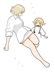 Rule 34 | 2girls, aged down, bare legs, barefoot, bob cut, braid, character doll, child, collared shirt, dress, dress shirt, dungeon meshi, elf, falin touden, falin touden (tallman), floating, frs2, full body, green eyes, hair around ear, hair over shoulder, highres, long hair, long sleeves, marcille donato, multiple braids, multiple girls, pointy ears, quad braids, quad tails, shirt, short hair, shorts, simple background, sleeves rolled up, smile, surprised, tears, white background, white dress, white shirt, white shorts, yellow eyes