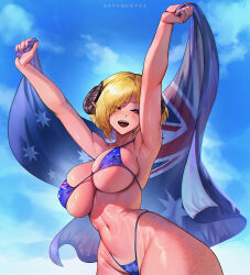 Rule 34 | 1girl, australian flag, bikini, black sclera, blonde hair, blue bikini, breasts, cameltoe, cleft of venus, colored sclera, covered erect nipples, freckles, highres, horns, huge breasts, open mouth, original, purple eyes, sayanestia, short hair, sky, solo, swimsuit, thick thighs, thighs