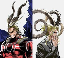 Rule 34 | 2boys, all might, black jacket, black sclera, blonde hair, blood, blood from mouth, blue cape, blue eyes, bodysuit, boku no hero academia, cape, colored sclera, commentary, curled horns, english commentary, formal, goat horns, grin, hand on own chin, horns, jacket, long sleeves, looking at viewer, male focus, mishima (msm mha), multiple boys, red bodysuit, short hair, sidelocks, simple background, smile, split screen, suit, suit jacket, teeth, upper body, white background, yagi toshinori