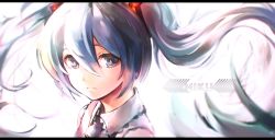Rule 34 | 1girl, aqua eyes, aqua hair, character name, gradient background, hatsune miku, highres, letterboxed, long hair, looking at viewer, m.b, necktie, sleeveless, solo, twintails, very long hair, vocaloid