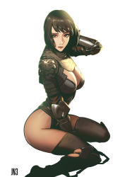 Rule 34 | 1girl, absurdres, artist name, black eyes, black hair, black leotard, black thighhighs, breasts, cleavage, closed mouth, commentary request, from behind, gauntlets, hand up, highleg, highleg leotard, highres, jn3, leotard, looking at viewer, looking to the side, medium breasts, medium hair, original, simple background, sitting, solo, thighhighs, wariza, white background