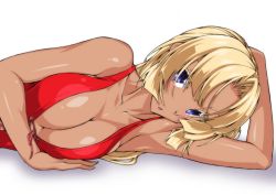 Rule 34 | 1girl, :o, angela carat, arm behind head, arm support, blonde hair, blue eyes, breasts, cleavage, colored eyelashes, dark-skinned female, dark skin, dress, eyelashes, highres, large breasts, long hair, looking at viewer, lying, no bra, on side, open mouth, ozaneko, red dress, shadow, simple background, sleeveless, sleeveless dress, solo, upper body, white background, yu-gi-oh!, yu-gi-oh! tag force