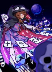 Rule 34 | 1girl, absurdres, ankle socks, bad id, bad twitter id, bow, brown hair, buttons, cape, card, circle, city lights, cloak, clothes writing, cross, fedora, floating, floating object, from side, full body, glasses, hat, hat bow, high collar, highres, holding, holding card, iganashi1, looking at viewer, looking to the side, low twintails, outstretched arm, pentagram, plaid, plaid skirt, plaid vest, purple vest, red-framed eyewear, runes, semi-rimless eyewear, shapes, shoes, short hair, skirt, skull, skyline, smile, bow legwear, socks, solo, square, touhou, twintails, under-rim eyewear, usami sumireko, vest, zener card