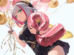 Rule 34 | 1girl, anniversary, antennae, balloon, bee wings, black hat, black shirt, black skirt, blue necktie, breasts, closed mouth, fingerless gloves, gloves, green eyes, grey hair, guchico, half gloves, hat, holding, holding balloon, indie virtual youtuber, insect wings, looking at viewer, medium breasts, medium hair, miniskirt, mitsuzaki aya (character), multicolored hair, navel, necktie, shirt, single glove, skirt, smile, solo, standing, streaked hair, virtual youtuber, wings, wristband