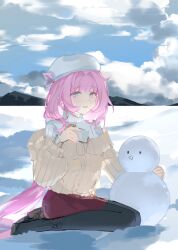 Rule 34 | 1girl, :d, annnnq, beret, black footwear, black pantyhose, blue eyes, blue sky, boots, brown jacket, cloud, cloudy sky, commentary request, cross-laced footwear, day, elysia (honkai impact), hair intakes, hand up, hat, highres, honkai (series), honkai impact 3rd, jacket, lace-up boots, long hair, long sleeves, mountain, off shoulder, on floor, open mouth, outdoors, pantyhose, pink hair, pointy ears, puffy long sleeves, puffy sleeves, sitting, sketch, sky, smile, snow, snowman, solo, sweater, turtleneck, turtleneck sweater, very long hair, wariza, white hat, white sweater