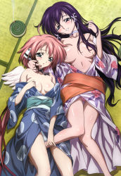 Rule 34 | 2girls, absurdres, ahoge, bare shoulders, barefoot, blush, body blush, breasts, cleavage, feet, hand on another&#039;s cheek, hand on another&#039;s face, highres, ikaros, japanese clothes, kimono, lying, mosquito coil, multiple girls, no bra, nyantype, official art, on back, open clothes, open shirt, panties, satsukitane mikako, shirt, sora no otoshimono, tatami, underwear, watanabe yoshihiro, wings, yukata