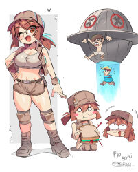 1girl 2boys ;d absurdres bare_shoulders baseball_cap belt blonde_hair blush_stickers boots bound breasts brown_belt brown_eyes brown_footwear brown_hair brown_hat brown_shorts brown_vest character_name cleavage collarbone commentary crop_top ddg160 deformed eating fang fio_germi flying_sweatdrops food full_body glasses grey_tank_top hand_on_own_hip hat highres hip_vent holding holding_food holding_sandwich knee_pads kneeling large_breasts marco_rossi medium_hair metal_slug midriff multiple_boys multiple_views navel o_o one_eye_closed open_clothes open_mouth open_vest ponytail round_eyewear sandwich shorts simple_background skin_fang smile standing tank_top tractor_beam twitter_username ufo vest white_background wristband