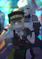 Rule 34 | 2girls, absurdres, alina gray, amane hikari, behind another, black bow, black dress, black headwear, black necktie, black thighhighs, black vest, blonde hair, blue eyes, blue hair, blurry, blush, bow, brooch, chain, closed mouth, collar, cross tie, crossed legs, detached collar, dress, fishnet thighhighs, fishnets, flower, fur-trimmed thighhighs, fur cuffs, fur trim, garter straps, gem, green gemstone, green hair, green nails, hair between eyes, hair flower, hair ornament, hand on another&#039;s chest, hand on another&#039;s head, hat, highres, jewelry, lapels, long hair, looking at viewer, magia record: mahou shoujo madoka magica gaiden, magical girl, mahou shoujo madoka magica, multicolored clothes, multicolored hair, multicolored skirt, multiple girls, necktie, notched lapels, open mouth, peaked cap, pleated skirt, puffy short sleeves, puffy sleeves, purple nails, see-through, see-through sleeves, sena mikoto, short sleeves, sidelocks, sitting, skirt, sleeve cuffs, smile, straight hair, streaked hair, striped clothes, striped skirt, thighhighs, v-neck, vertical-striped clothes, vertical-striped skirt, vest, waist bow, white collar, white flower, white headwear, white sleeves