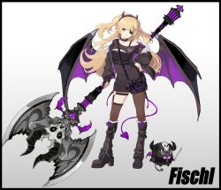 Rule 34 | 1girl, absurdres, axe, bag, battle axe, black border, black jacket, blonde hair, boots, border, breasts, character name, collar, contrapposto, demon tail, eyepatch, fake horns, fischl (genshin impact), fishnet pantyhose, fishnet thighhighs, fishnets, full body, genshin impact, green eyes, hairband, hand on own hip, handbag, high heel boots, high heels, highres, holding, holding axe, horns, jacket, leg warmers, legwear garter, long hair, long sleeves, looking at viewer, off shoulder, open clothes, open jacket, pantyhose, single leg pantyhose, single thighhigh, small breasts, smile, solo, tail, thighhighs, two side up, weapon, wings, yogu (user rxdx2445)