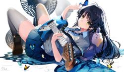 Rule 34 | 1girl, black footwear, black hair, blue shirt, breasts, bug, butterfly, collared shirt, commentary request, electric guitar, grey thighhighs, guitar, hand fan, hirai yuzuki, holding, holding instrument, insect, instrument, long hair, looking at viewer, open mouth, pleated skirt, shirt, signature, skirt, stuffed animal, stuffed toy, thighhighs, yellow eyes