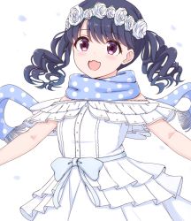 Rule 34 | 1girl, black hair, commentary request, dress, fangs, flower wreath, fukumaru koito, highres, idolmaster, idolmaster shiny colors, looking at viewer, medium hair, nagi uru, open mouth, purple eyes, scarf, skin fangs, solo, twintails, upper body, white background, white dress