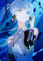 Rule 34 | 1girl, bare shoulders, blue background, blue eyes, blue hair, closed mouth, collared shirt, detached sleeves, expressionless, eye trail, flaming eye, glowing, glowing eye, hatsune miku, headphones, headset, highres, light trail, long hair, looking at viewer, necktie, nemuke2828, shirt, sleeveless, solo, tattoo, twintails, upper body, vocaloid