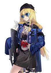 Rule 34 | 1girl, absurdres, assault rifle, black choker, black headwear, black skirt, blonde hair, blue eyes, blue jacket, blue nails, braid, bullpup, choker, commission, feet out of frame, girls&#039; frontline, gun, hand on own hip, highres, holding, holding gun, holding weapon, jacket, long hair, long sleeves, looking at viewer, mouth hold, nail polish, open clothes, open jacket, open mouth, parted lips, pixiv commission, print shirt, rifle, shirt, skirt, smile, solo, standing, sunglasses, suprii, teeth hold, vhs-d2, vhs (girls&#039; frontline), weapon, white background, white shirt