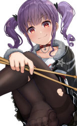 Rule 34 | 1girl, absurdres, bang dream!, black pantyhose, buckle, choker, curly hair, drumsticks, fur trim, highres, holding, holding drumsticks, lace trim, looking at viewer, no shoes, noshimurin, pantyhose, purple hair, red eyes, sidelocks, sitting, smile, solo, star (symbol), torn clothes, torn pantyhose, twintails, udagawa ako, white background