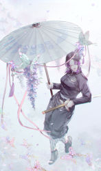 Rule 34 | 1girl, beads, belt, black hair, black pants, breasts, bug, butterfly, butterfly hair ornament, closed eyes, closed mouth, colored tips, demon slayer uniform, facing to the side, flock, flower, from above, from side, full body, hair ornament, highres, holding, holding sword, holding umbrella, holding weapon, insect, kimetsu no yaiba, kochou shinobu, light smile, mak (kainemaru), multicolored hair, no coat, oil-paper umbrella, pants, pants tucked in, petals, print umbrella, purple hair, sandals, shin guards, smile, solo, standing, standing on one leg, streaked hair, sword, tassel, umbrella, updo, weapon, wisteria