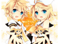 Rule 34 | 1boy, 1girl, :d, blonde hair, blue eyes, brother and sister, happy birthday, highres, kagamine len, kagamine rin, leeannpippisum, looking at viewer, mini person, miniboy, minigirl, open mouth, short hair, siblings, smile, twins, vocaloid