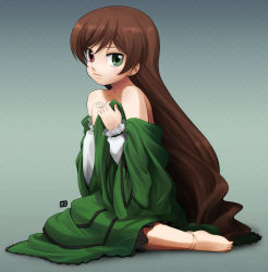Rule 34 | 00s, 1girl, bad id, bad pixiv id, bare shoulders, barefoot, brown hair, doll joints, dress, heterochromia, joints, long hair, nagian, rozen maiden, solo, suiseiseki, undressing