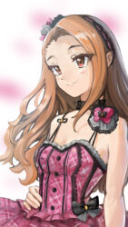 Rule 34 | 1girl, bare shoulders, breasts, brown hair, commentary request, dress, hairband, highres, idolmaster, idolmaster (classic), long hair, looking to the side, minase iori, pink dress, red eyes, small breasts, smile, solo, swept bangs, y wasabi1211