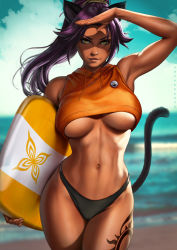 Rule 34 | 1girl, alternate costume, animal ears, armpits, bare arms, bare hips, bare legs, bare shoulders, belly, bikini, bikini bottom only, black bikini, bleach, blue sky, breasts, breasts apart, cat ears, cat tail, cloud, cloudy sky, dandon fuga, dark-skinned female, dark skin, day, highres, hip focus, holding, huge breasts, kemonomimi mode, kickboard, legs, legs together, lips, long hair, looking at viewer, narrow waist, navel, no bra, ocean, outdoors, ponytail, purple hair, shihouin yoruichi, shiny skin, sky, sleeveless, smile, solo, standing, stomach, swimsuit, tail, tattoo, thick thighs, thighs, toned, underboob, water, wet, wide hips, yellow eyes