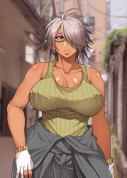 Rule 34 | 1girl, bare shoulders, blurry, blurry background, breasts, brown eyes, cleavage, closed mouth, collarbone, commentary request, dark skin, dark-skinned female, glasses, gloves, green tank top, hair over one eye, highres, korotsuke, large breasts, nekura megane, nekura mikino, original, outdoors, partially fingerless gloves, ribbed shirt, shirt, short hair, silver hair, standing, tan, tank top, tied cothes, utility pole, white gloves