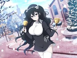 Rule 34 | 1girl, bell, bench, beret, black eyes, black hair, breasts, castle, christmas, christmas ornaments, christmas tree, closed mouth, day, dress, flower, fubuki (senran kagura), hair flower, hair ornament, hat, hibiscus, holding, holding bell, house, lamppost, large breasts, long hair, looking at viewer, non-web source, official art, senran kagura, senran kagura new link, skindentation, smile, snow on tree, snowing, thighhighs, town, tree, wavy hair, yaegashi nan