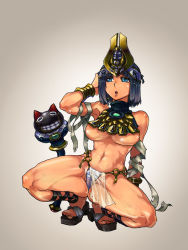 Rule 34 | 1girl, ancient princess menace, arm up, bandages, black hair, blue eyes, breasts, crown, earrings, egyptian, gradient background, jewelry, large breasts, loincloth, lots of jewelry, menace (queen&#039;s blade), menace (queen's blade), open mouth, panties, queen&#039;s blade, sandals, see-through, setra, skj, solo, squatting, striped clothes, striped panties, underboob, underwear, wrist cuffs