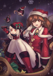 Rule 34 | 10s, 2girls, abyssal ship, aircraft, airplane, bell, blush, box, brown eyes, brown hair, candy, candy cane, christmas, dress, food, gift, gift box, gloves, holly, horns, kaizeru, kantai collection, long hair, long sleeves, mistletoe, mittens, multiple girls, northern ocean princess, open mouth, pale skin, pantyhose, red eyes, ryuujou (kancolle), skirt, sleigh, smile, snowflakes, star (symbol), twintails, white gloves, white legwear
