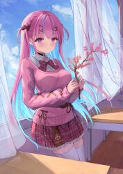Rule 34 | 1girl, absurdres, ahoge, blue hair, breasts, cherry blossoms, choker, classroom, closed mouth, highres, hololive, indoors, long hair, looking at viewer, medium breasts, minato aqua, minato aqua (school uniform), multicolored hair, plaid, plaid skirt, purple eyes, purple hair, school uniform, skirt, sky, smile, taikoi7, thighhighs, two-tone hair, two side up, very long hair, virtual youtuber, white thighhighs, wind, window, zettai ryouiki
