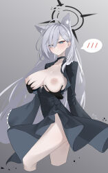 Rule 34 | 1girl, 1other, absurdres, animal ear fluff, animal ears, black choker, black dress, black gloves, blue archive, blush, grabbing another&#039;s breast, breasts, breasts out, choker, closed mouth, collarbone, covered navel, cropped legs, cross hair ornament, disembodied hand, dongye1551, dress, extra ears, eyes visible through hair, gloves, grabbing, gradient background, grey background, hair ornament, hair over one eye, halo, highres, inverted nipples, large breasts, long hair, long sleeves, pelvic curtain, shiroko (blue archive), shiroko terror (blue archive), solo focus, speech bubble, spoken blush, standing, thighs, very long hair, wolf ears