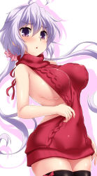 Rule 34 | 1girl, ahoge, bare shoulders, black thighhighs, blush, breasts, covered erect nipples, cowboy shot, dress, highres, large breasts, light purple hair, long hair, looking at viewer, low twintails, meme attire, open mouth, purple eyes, red sweater, scrunchie, senki zesshou symphogear, shiny skin, sideboob, simple background, solo, standing, sweater, sweater dress, thighhighs, twintails, very long hair, virgin killer sweater, white background, yoshi tama, yukine chris