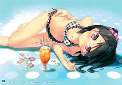 Rule 34 | 1girl, absurdres, august, bare arms, bare legs, bare shoulders, barefoot, bikini, black hair, blush, breasts, calendar, collarbone, drink, drinking straw, covered erect nipples, flower, frilled bikini, frills, front-tie top, hand on own hip, heart straw, highres, huge filesize, kantoku, looking at viewer, lying, navel, on side, original, petals, plaid, plaid bikini, polka dot, purple eyes, scan, scrunchie, seashell, shell, shizuku (kantoku), short hair, side-tie bikini bottom, side ponytail, small breasts, solo, swimsuit, thigh gap