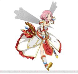 Rule 34 | 10s, 1girl, breasts, cleavage, full body, gloves, hair ornament, holding, holding weapon, lisbeth (sao), lisbeth (sao-alo), looking at viewer, open mouth, pink hair, pointy ears, red eyes, short hair, simple background, small breasts, solo, sword art online, sword art online: code register, watermark, weapon, white background, white gloves, wings