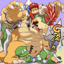 Rule 34 | 4boys, age difference, baby, baby luigi, baby mario, bowser, bracelet, claws, collar, eyebrows, hand in mouth, hard-translated, hat, horns, jewelry, laughing, luigi, lying, male focus, mario, mario (series), masa (bowser), masabowser, monster, multiple boys, nintendo, aged up, on back, on head, open mouth, pointing, sharp teeth, shell, shoes, sleeping, spiked bracelet, spiked collar, spikes, super mario bros. 1, sweat, sweatdrop, teeth, third-party edit, translated, yoshi, aged down