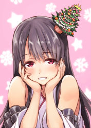 Rule 34 | 10s, 1girl, bare shoulders, black hair, blush, christmas tree, detached sleeves, fusou (kancolle), hands on own cheeks, hands on own face, japanese clothes, kantai collection, long hair, looking at viewer, matsuryuu, red eyes, smile, solo