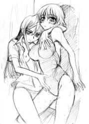Rule 34 | 2girls, :o, breasts, cowboy shot, female focus, glasses, greyscale, hug, large breasts, long hair, medium breasts, monochrome, multiple girls, nipples, no bra, open clothes, open shirt, parted lips, shirt, short hair, sketch, skin tight, smirk, sudoo kaoru, swimsuit, wet, wet clothes, wet shirt, yuri