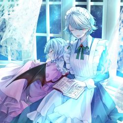 Rule 34 | 2girls, apron, bat wings, blue hair, book, braid, brooch, closed eyes, commentary request, curtains, dress, feet out of frame, frilled apron, frilled shirt collar, frills, from side, green ribbon, hair ribbon, highres, holding, holding book, indoors, izayoi sakuya, jewelry, juliet sleeves, light rays, long sleeves, maid, maid apron, maid headdress, multiple girls, neck ribbon, night, night sky, no headwear, open mouth, pink dress, profile, puffy sleeves, remilia scarlet, ribbon, short hair, silver hair, sitting, sky, smile, souta (karasu no ouchi), star (sky), starry sky, swept bangs, touhou, twin braids, white apron, window, wings