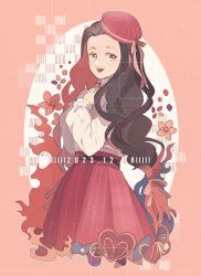 Rule 34 | 1girl, :d, black hair, gem, hat, kamado nezuko, kimetsu no yaiba, long hair, long sleeves, looking at viewer, low-tied long hair, miha riko, multicolored hair, open mouth, red gemstone, red hair, red hat, red skirt, shirt, skirt, smile, solo, standing, striped clothes, striped skirt, two-tone hair, very long hair, white shirt, yellow eyes