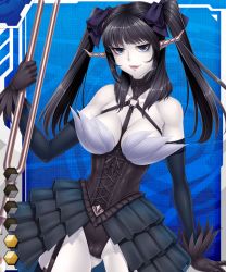 Rule 34 | 00s, 1girl, bare shoulders, black gloves, black hair, blue background, blue eyes, bow, breasts, cameltoe, card (blue-r), card (medium), card (r), checkered background, cleavage, colored skin, corset, cross-laced clothes, demon girl, detached sleeves, female focus, garter straps, gloves, hair bow, halterneck, holding, horns, lace, lace-trimmed legwear, lace trim, large breasts, leotard, light smile, lilith-soft, lipstick, long hair, looking at viewer, makeup, o-ring, o-ring top, official art, pale skin, shirt, shitoria, showgirl skirt, skirt, smile, taimanin (series), taimanin asagi, taimanin asagi battle arena all card gallery, taimanin asagi kessen arena, thighhighs, twintails, two side up, weapon, white skin, zol