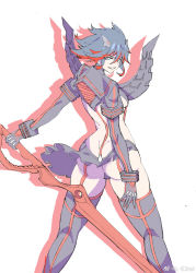 Rule 34 | 1girl, ass, black gloves, black hair, blue eyes, butt crack, from behind, gloves, highres, holding, holding sword, holding weapon, kill la kill, le (1927822le), looking at viewer, matoi ryuuko, miniskirt, multicolored hair, red hair, revealing clothes, scissor blade (kill la kill), senketsu, shadow, short hair, skindentation, skirt, smile, solo, streaked hair, sword, thighhighs, weapon, weibo logo, weibo watermark