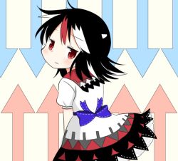 Rule 34 | 1girl, arrow (symbol), bad id, bad pixiv id, black hair, blush, bow, cone horns, dress, from behind, horns, kijin seija, looking at viewer, looking back, multicolored hair, pointing, red eyes, red hair, ribbon, sash, short hair, short sleeves, skirt, solo, streaked hair, touhou, white hair
