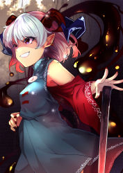 Rule 34 | 1girl, absurdres, blue dress, curly hair, detached sleeves, dress, earrings, embers, grin, highres, horizontal pupils, horn ornament, horn ribbon, horns, jewelry, littolebusters, oil, oversized object, pointy ears, rectangular pupils, red eyes, red horns, red sleeves, ribbon, sheep horns, smile, solo, touhou, toutetsu yuuma, utensil, white hair